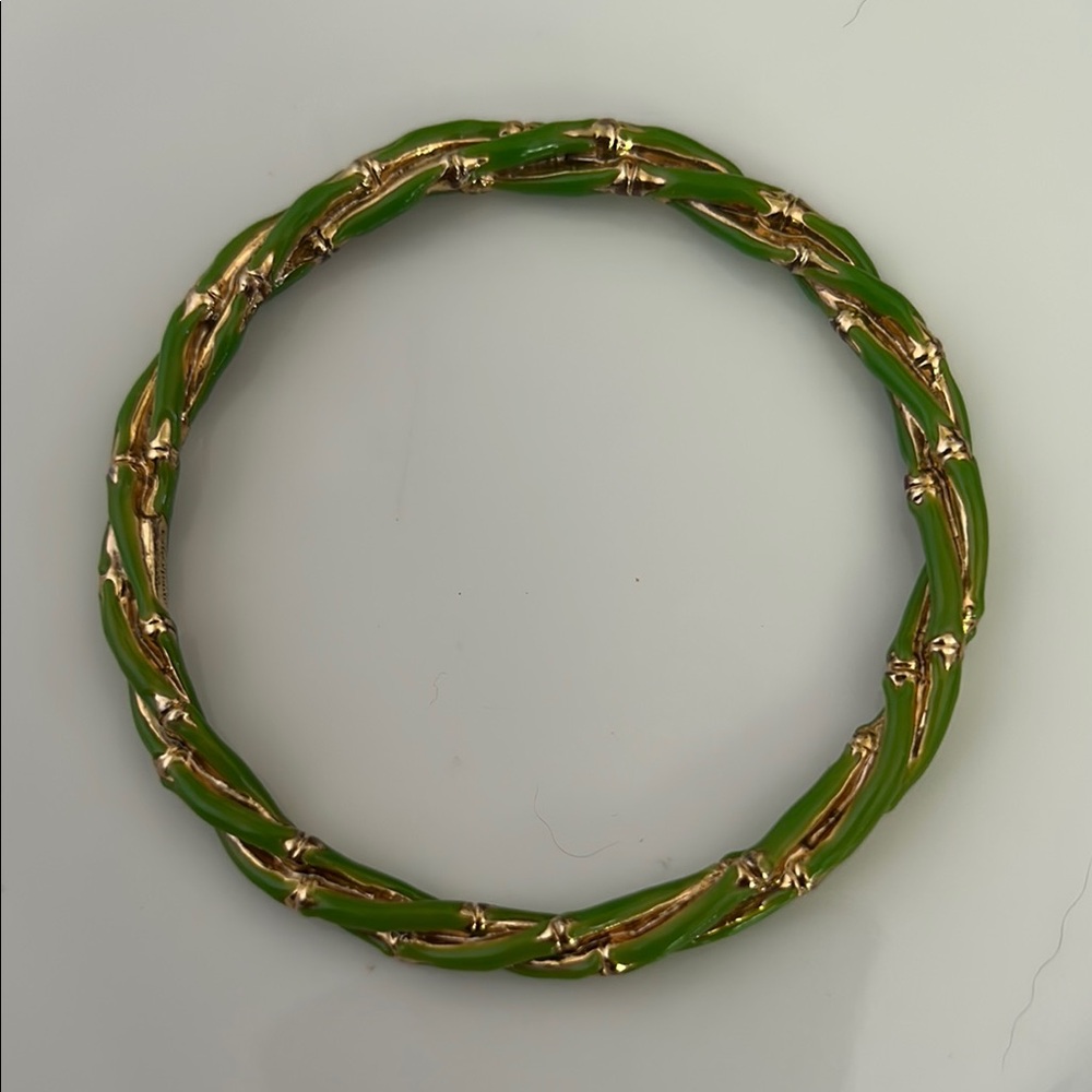 Green Enamel and Gold Tone Metal Bangle Bracelet